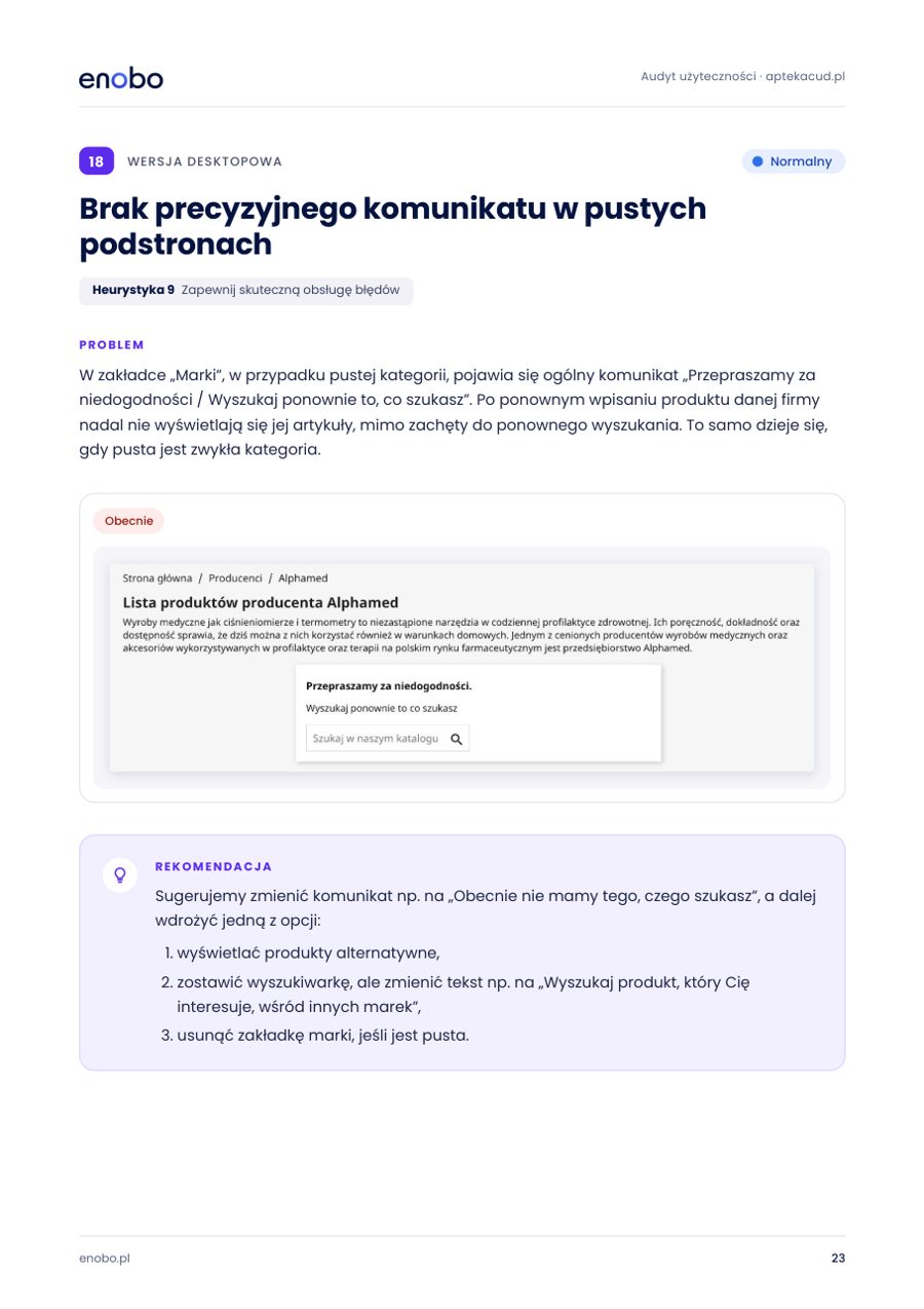Strona problemu: opis, zrzut ekranu i rekomendacja